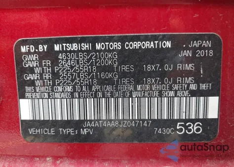 2018 Mitsubishi Eclipse Cross Le из США, поврежденный, VIN JA4AT4AA8JZ047147